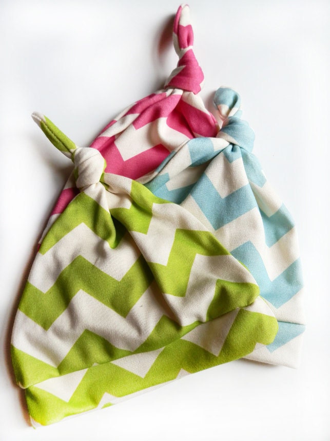 Baby Hat, Turquoise Blue Chevron, 0-6m, Organic Cotton Knotted Baby Hat