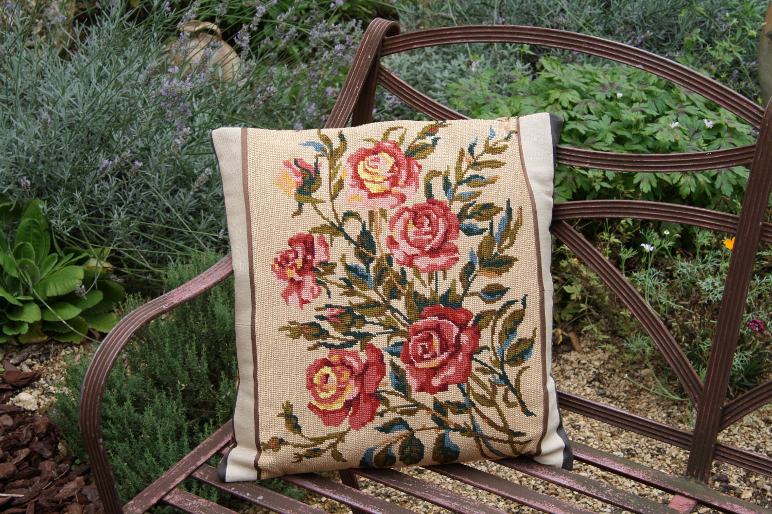 French 1950s Rose Tapestry Cushion