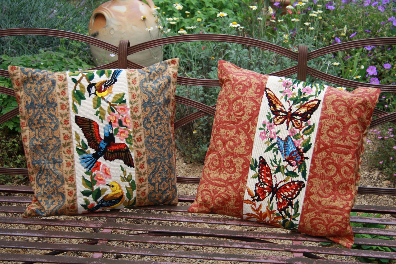 Pair of decorative cushions with 1960s Bird & Butterfly French tapestry panels