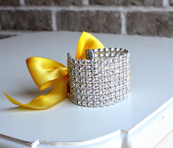 Rhinestone Cuff Bracelets with Yellow Marigold Silk Ribbon Tie ( 1 1/2" WIDE / Ribbon color customizable)