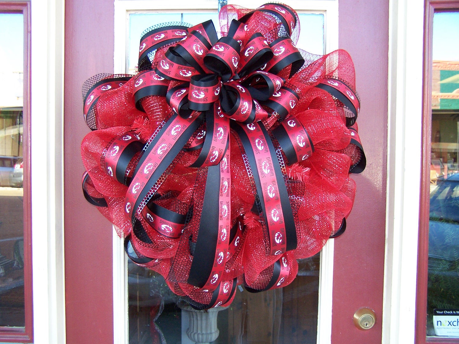 University of Georgia Bulldogs Red and Black Poly Deco Mesh Large 26-inch Door Decor Wreath with Officially-Licensed Collegiate Team Ribbon