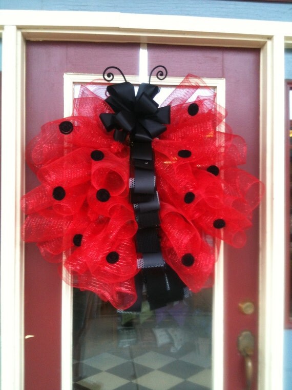 Ladybug Red and Black Polka Dot Large 28-inch Poly Deco Mesh and Ribbon Spring and Summer Wreath Door Décor