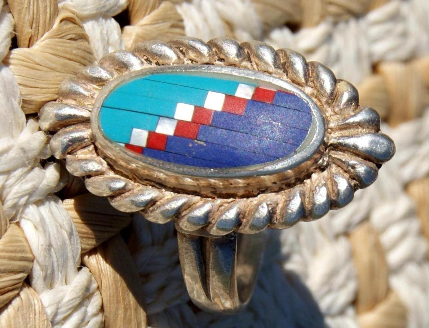 Vintage PURPLE SPINY OYSTER Coral Turquoise Cast Sterling Zuni Ring.. Sz 8.. c1950
