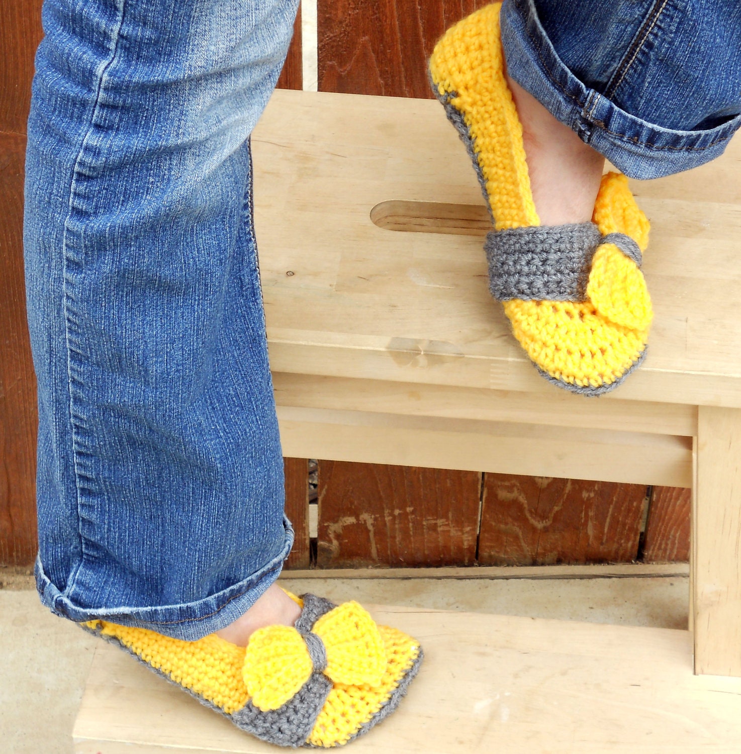 Bow tie strap slippers, booties, shoes, socks in thunderous sunshine yellow and grey.