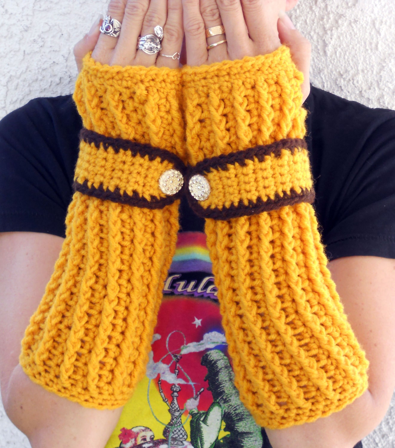 Sunflower Gold long ribbed with wrist strap crochet button arm warmers, fingerless gloves