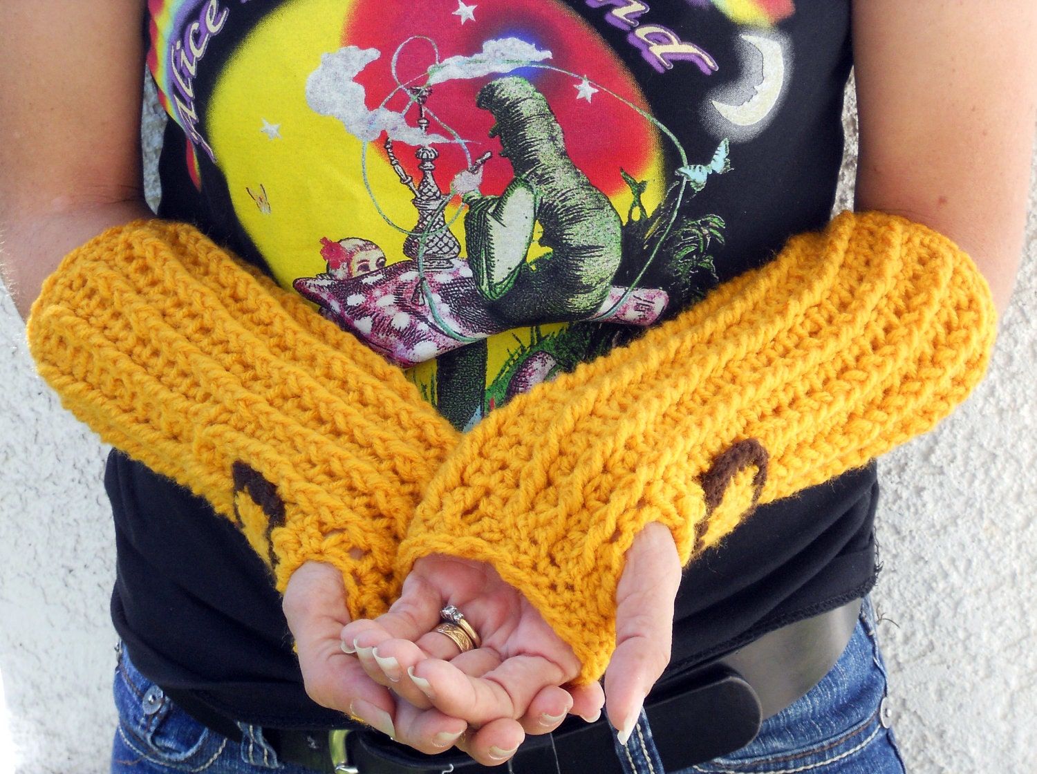 Sunflower Gold long ribbed with wrist strap crochet button arm warmers, fingerless gloves