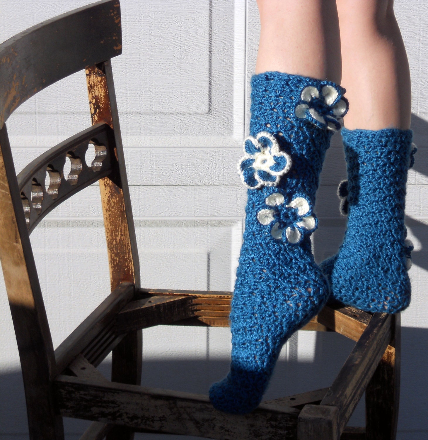 Teal flower crochet slipper socks