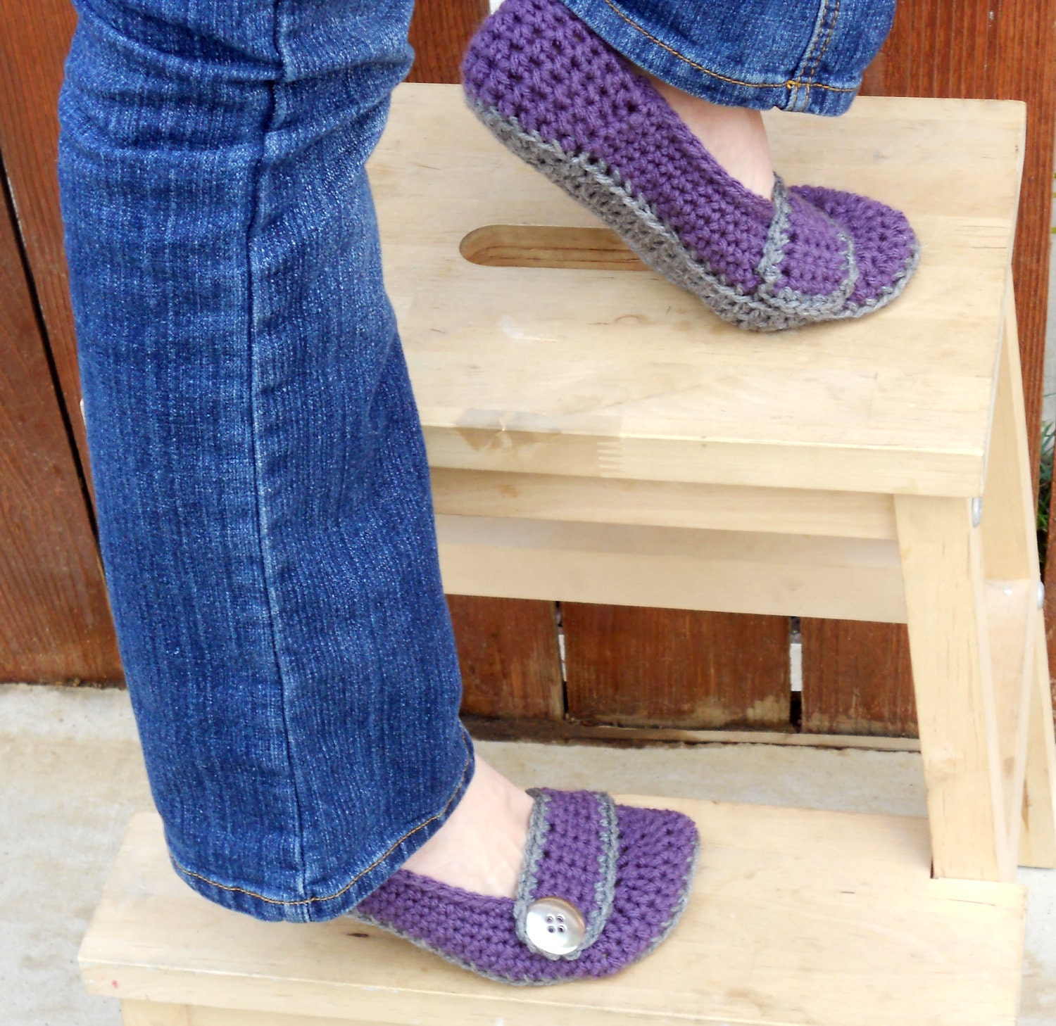 Stormy weather crocheted slippers, booties, shoes, socks with a button strap.