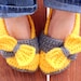 Bow tie strap slippers, booties, shoes, socks in thunderous sunshine yellow and grey.