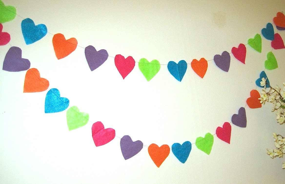 Colorful Hearts Garland, birthday hearts banner, nursery decor, summer garden party, colourful photo prop, 7 ft Handmade