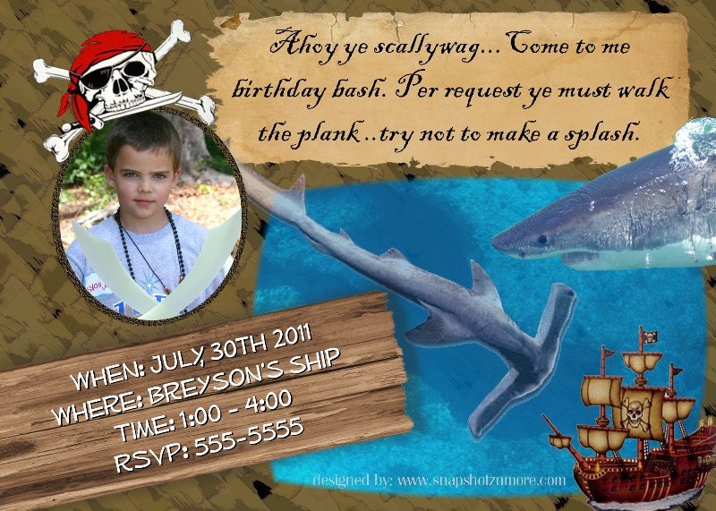 PIRATE Shark Birthday Party PHOTO Invitation fish BOYS boy theme Skull cross bones Original Unique invite