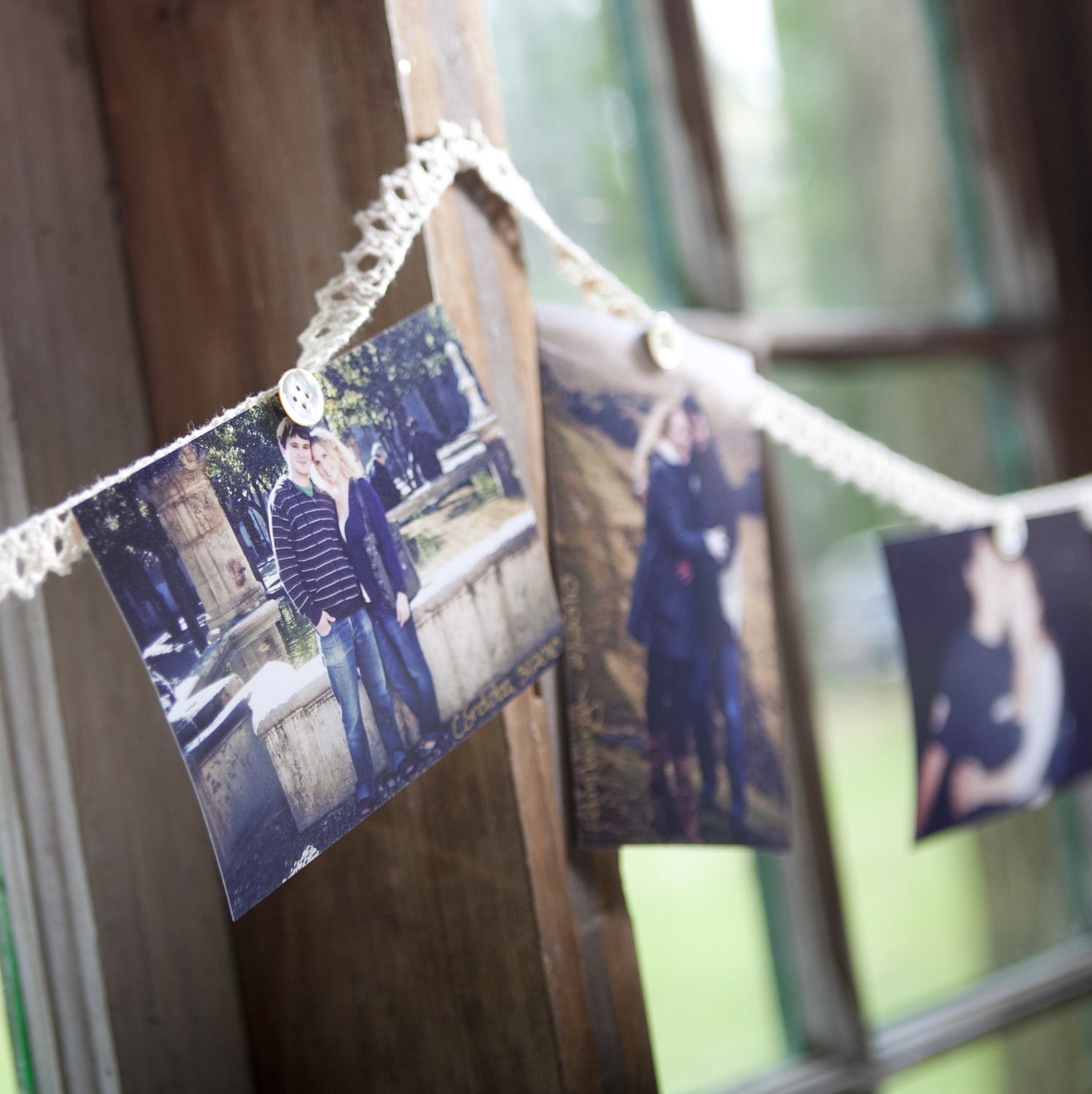 wedding photo garland : custom shabby chic bridal shower decor with lace and vintage buttons