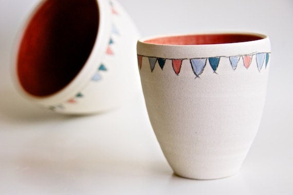 Ceramic Bowls in Coral- Flag Decoration in Teal, Coral, and Blue