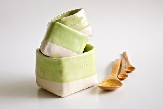 Ceramic Salt, Pepper, and Sugar Cellars in Lime Green