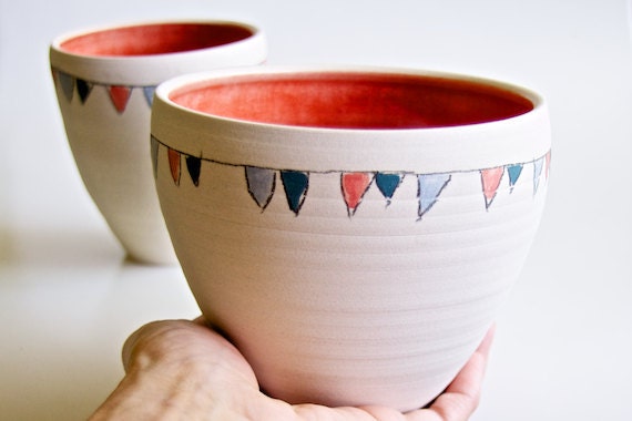 Ceramic Bowls in Coral- Flag Decoration in Teal, Coral, and Blue