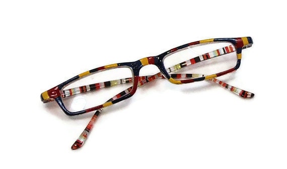 Nautical I Handpainted Reading Glasses.225 Strength Handpainted Reading Glasses. Blue, Yellow and Red Eyeglass Frames