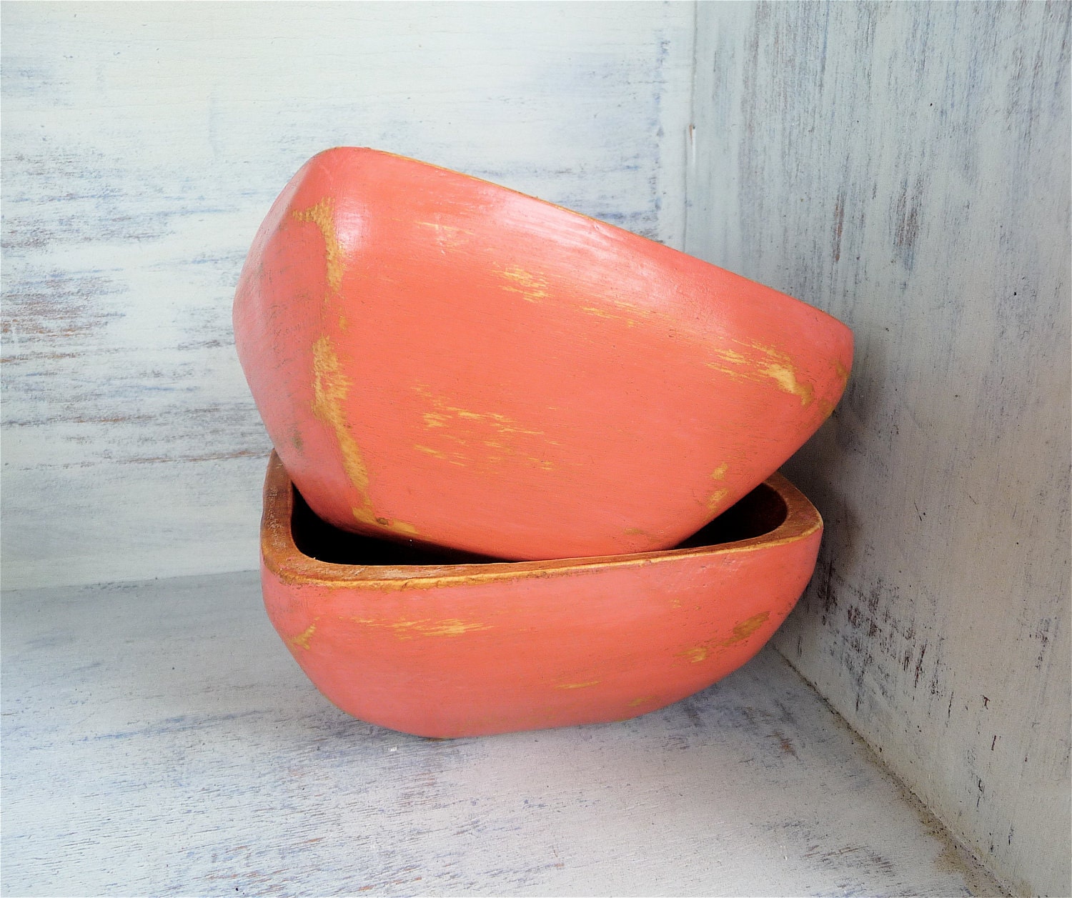 Pair of Shabby Chic painted Coral Wood Bowls
