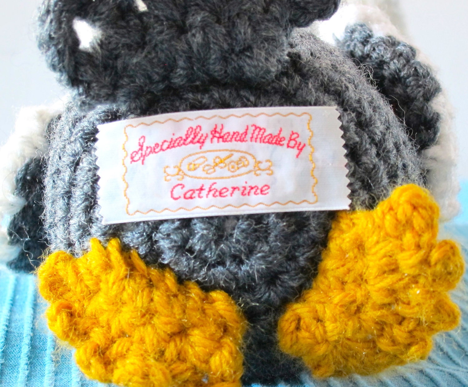 Vintage Owl Amigurumi Handmade Grey Yellow Graduation Owl