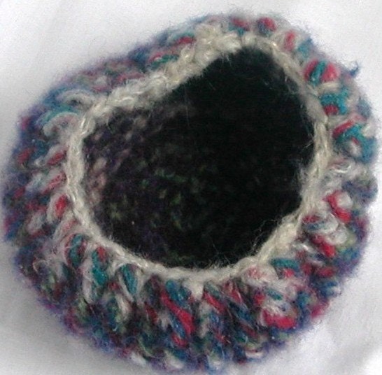 Clearance Felted bowl, red, blue, grey, green, purple. Fuzzy, reversible, gathered top bowl finished with delicate crocheted edge.