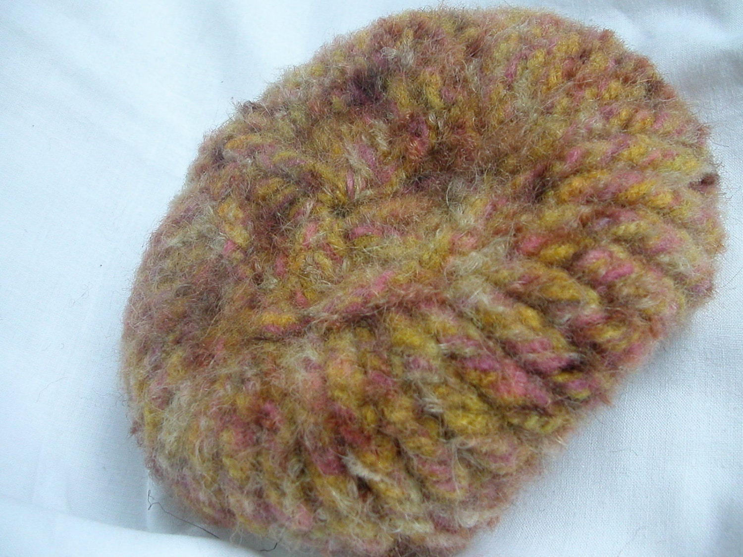 Clearance item felted bowl, browns, greys, pinks, gold, gathered crocheted edge.