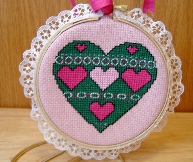Green & Pink Cross Stitch Heart Wall Hanging or Ornament