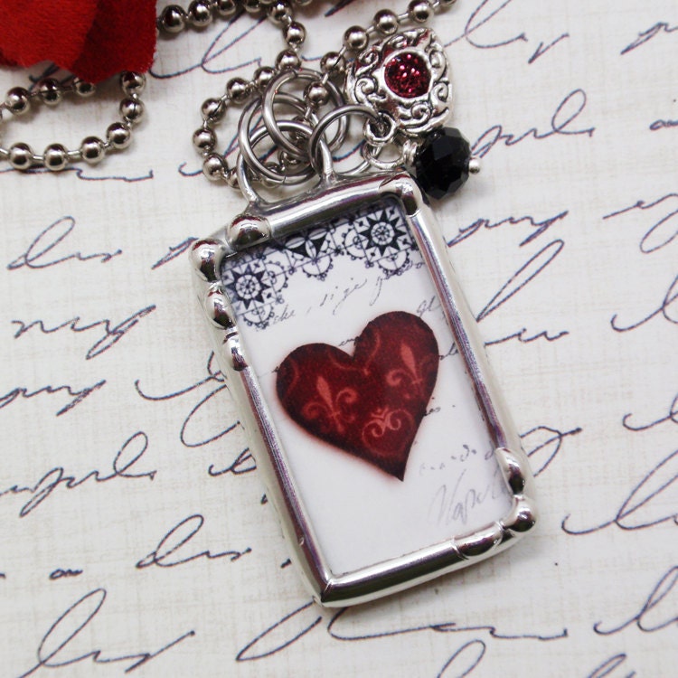 Maroon Fleur-De-Lis Heart Black Lace Design- Always In My Heart Silver Soldered Charm Necklace