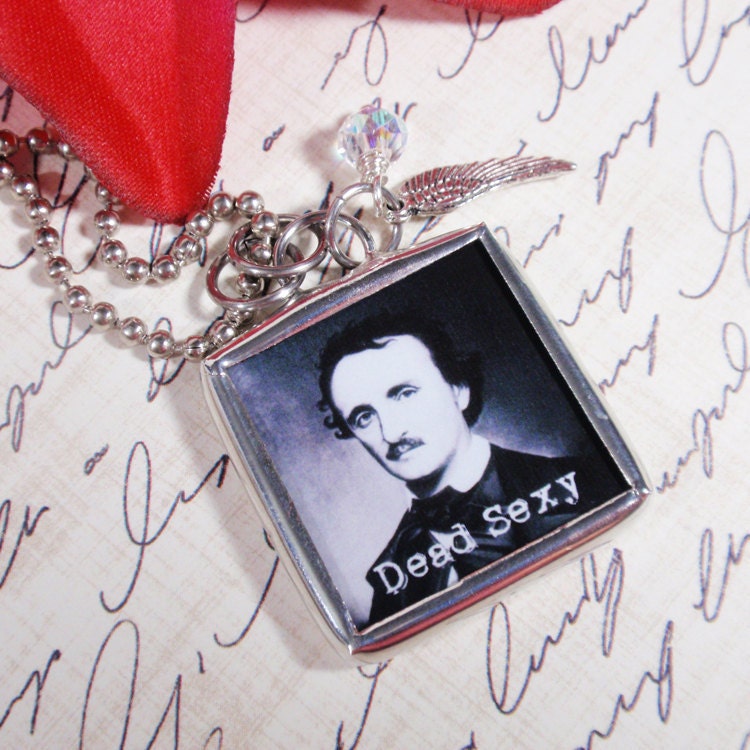 Dead Sexy Edgar Allan Poe Nevermore Raven Black & White Silver Soldered Charm Necklace