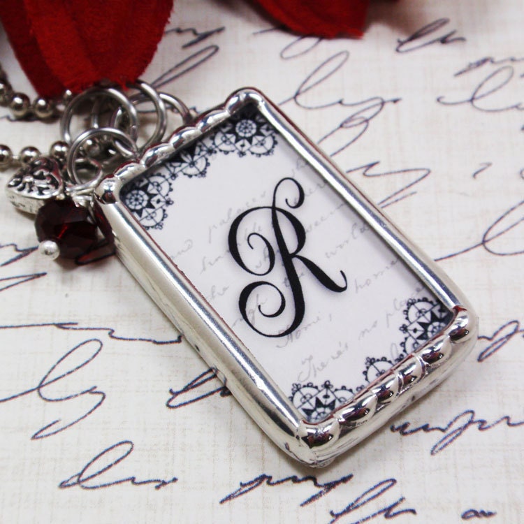 Maroon Fleur-De-Lis Heart Black Lace Design Script Initial Collage Silver Soldered Charm Necklace