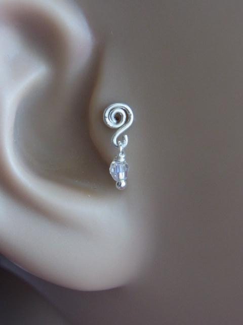 16 gauge Bio Flexible Tragus / Helix - Silver spiral dangle with AB swarovski crystal