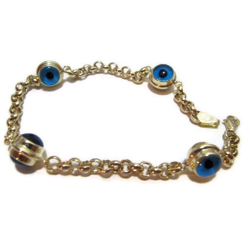 14K SOLID yellow  GOLD  blue bead  evil eye bracelet