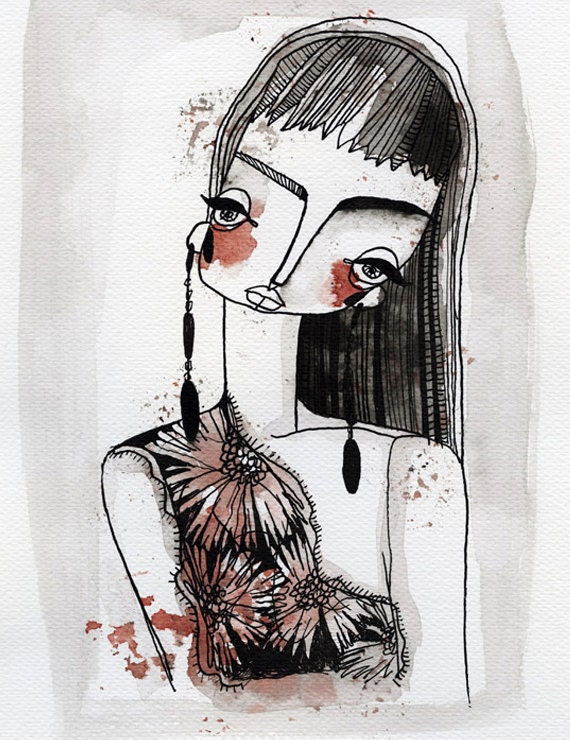 Girl with earrings (print of an original ink and watercolor illustration)