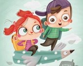 kids wall art, illustration for children room, print of original illustration - Kids flying to school
