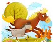 nursery room wall deco, illustration for children, art print, original art, digital - Running horses