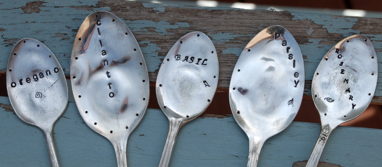 HERB Markers Set of 5 Hand STAMPED You Pick Herb Name CUSTOM vintage Silver Plate Spoons Garden Art Plant Markers You Pick The Herbs