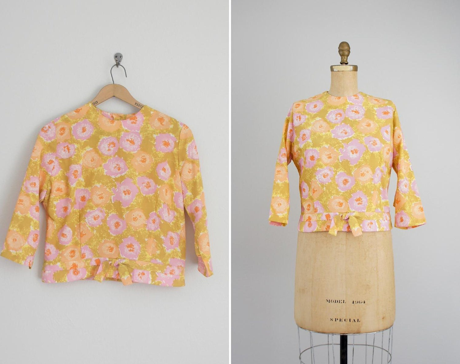 vintage 1960s blouse . 60s floral top . Ochre Rose