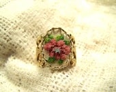 Vintage Silver Metal Petit Point Tapestry Pink Floral Adjustable Ring