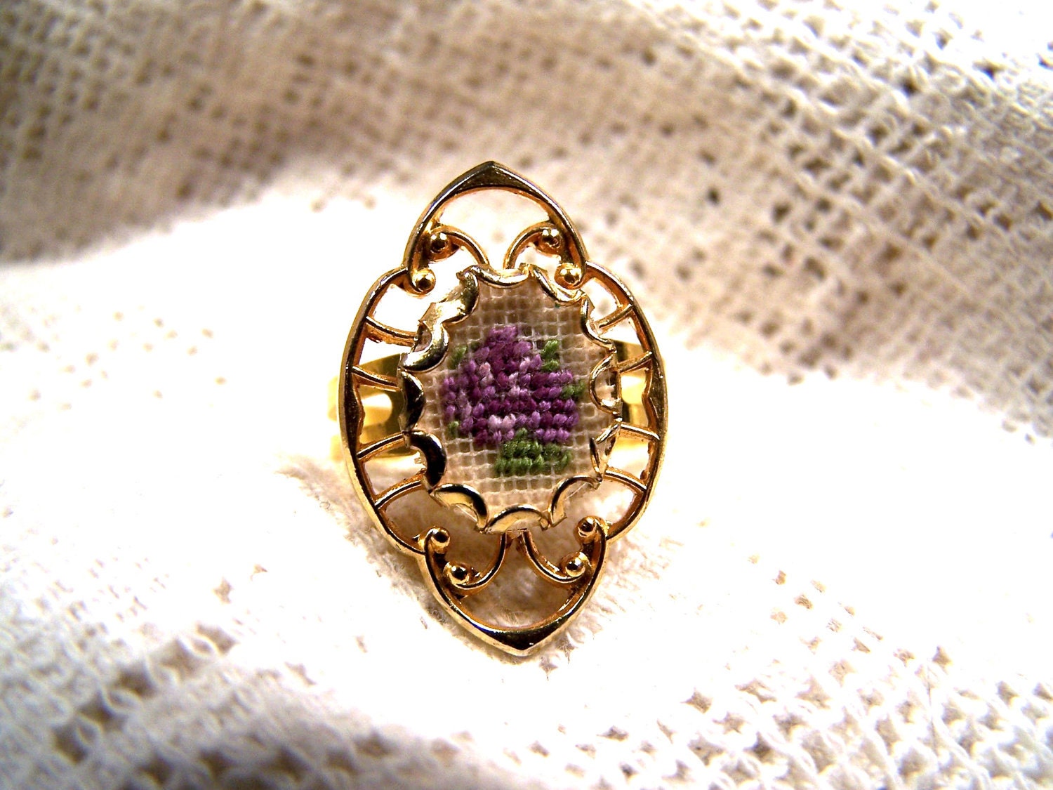 Vintage Gold  Metal Petit Point Tapestry Purple Rose Flower Ring