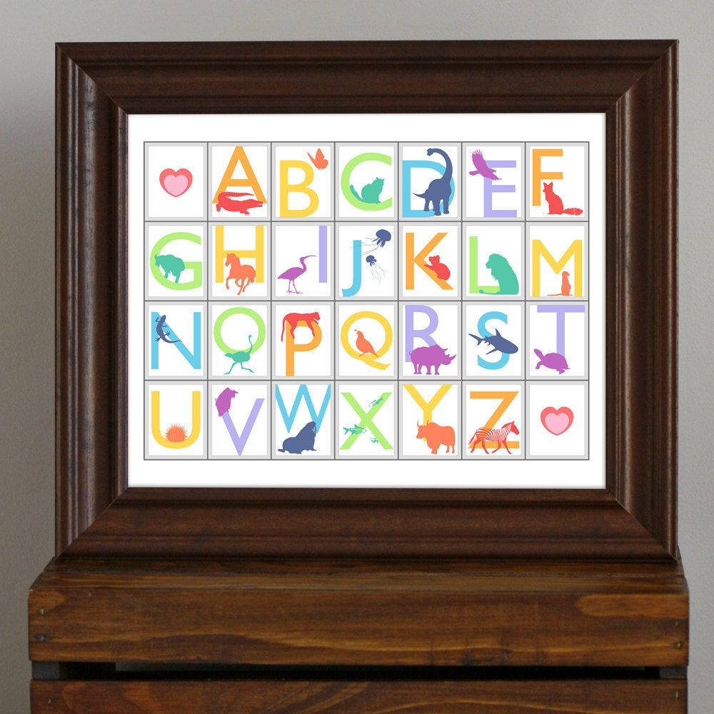 Rainbow Animal Alphabet, Educational Nursery Art Print - bright colors - neutral baby shower gift, kid's room, modern baby decor - 11 x 14