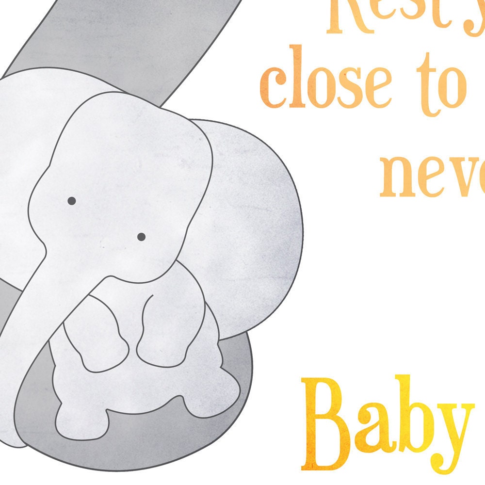 Baby Elephant Nursery Art Print - yellow and gray decor - Baby Mine, Dumbo lyrics, Disney - a mother's love, baby shower gift - 8 x 10