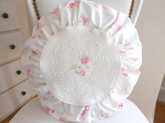 Floral cotton round gathered pillow, pink floral pillow with insert, cottage pillow