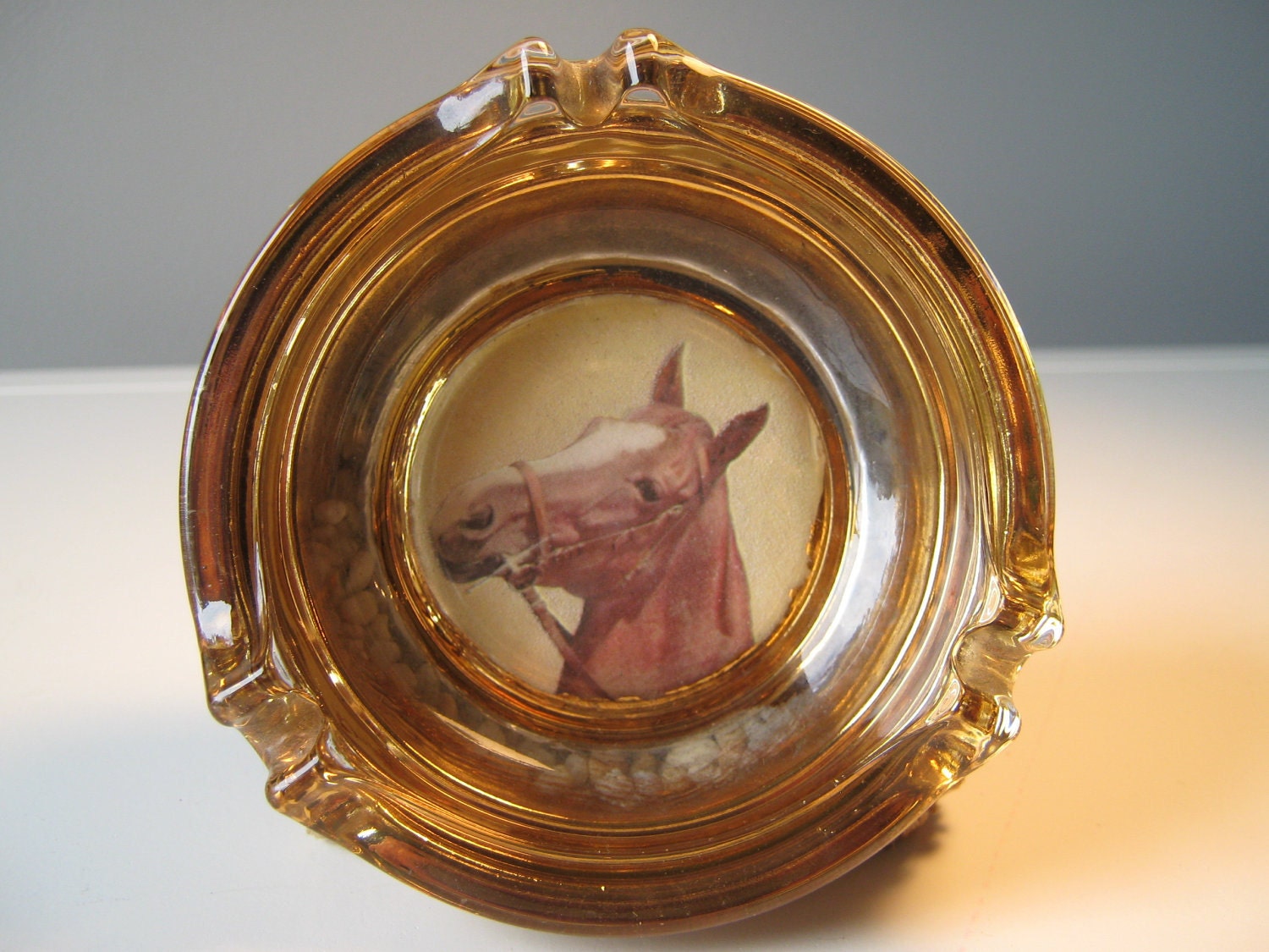 Glass Ashtray: Beanbag Cigarette Ashtray, Vintage Horse Head, Amber, Gold, Yellow