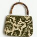 50s Vintage Purse Bag Tapestry Green Cream Wooden Handle