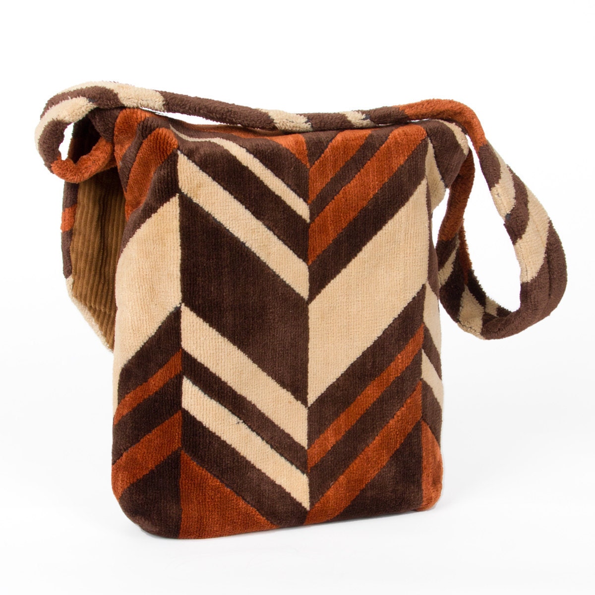 70s Carpet Bag Purse Brown Orange Chevron Vintage