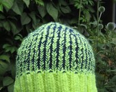 Beanie hat in neon yellow, dark blue, hand knitted, one size fits all, FREE SHIPPING