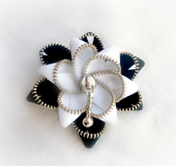Flower Brooch , Zipper Pin. Approx 2,6 in/ 6,5 cm. white and black - eco friendly, recycled jewelry