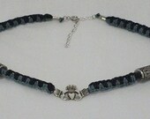 Forest Green and Black Hemp Necklace with Irish Claddagh Center Charm and Pewter-Look Accent Beads