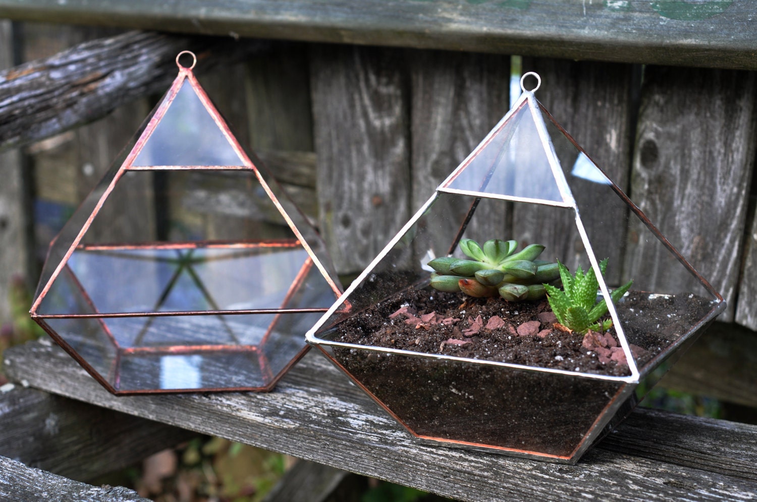 Air Terrarium Kit, pyramid top glass terrarium for hanging or to sit -- copper or silver color -- terrarium supplies -- eco friendly