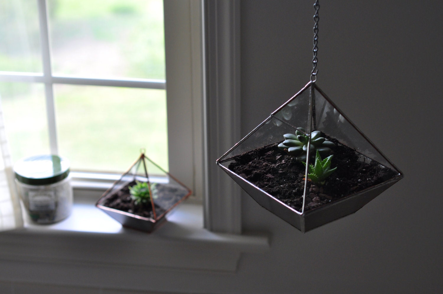 Air Terrarium Kit, pyramid top glass terrarium for hanging or to sit -- copper or silver color -- terrarium supplies -- eco friendly