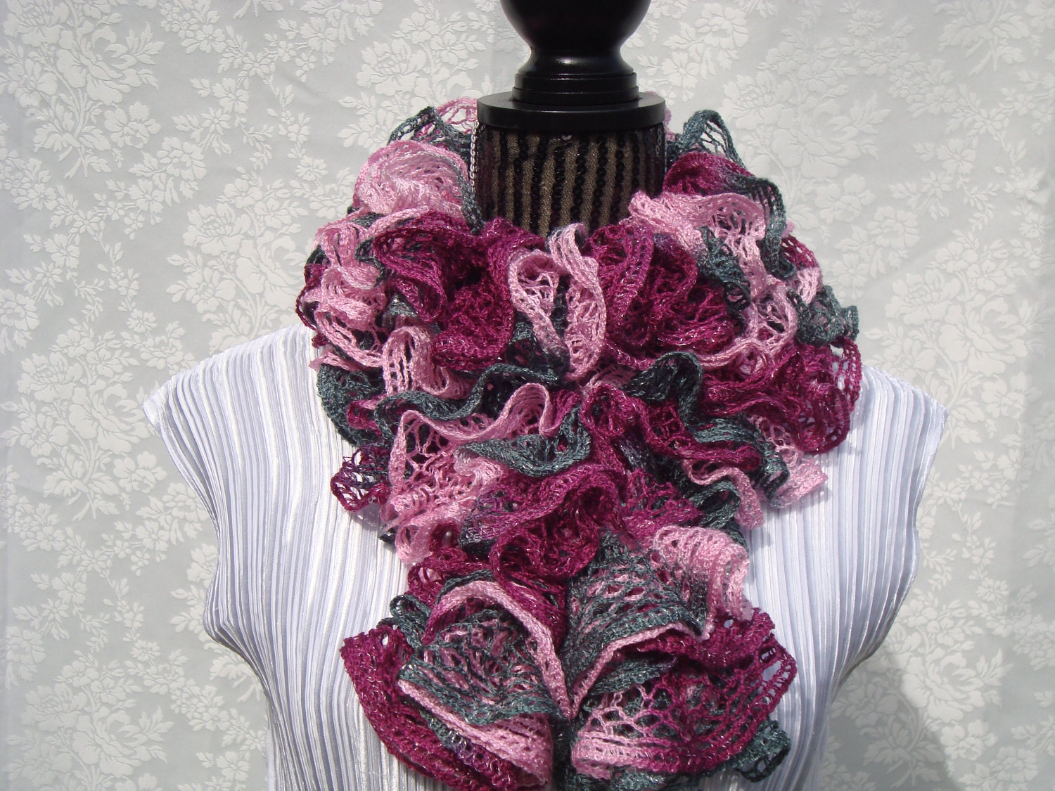 Knit   Ruffled Scarf  Pink.Wine.Summer/Spring.Light. Sparkle.Lace.bridesmaid.Gift.Ready to ship.