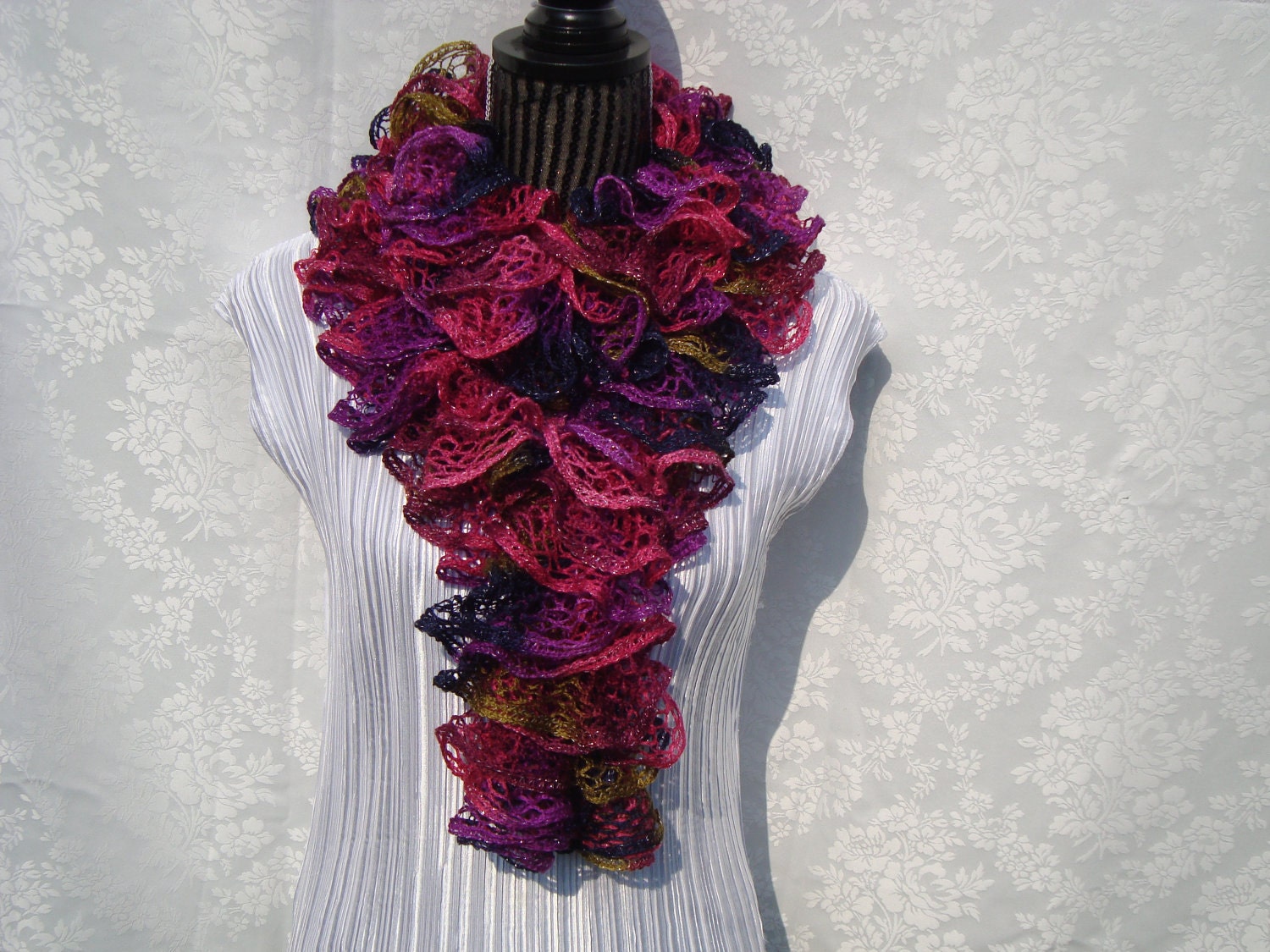 Knit Scarf Pink/green/purple.Ruffle.Lace.Sale.Ready to ship.